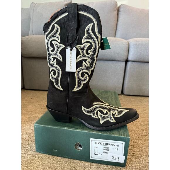 NEW Buck and‎ Brana Ginger Florida Cowboy Boots W11 Black White Leather - Picture 3 of 8